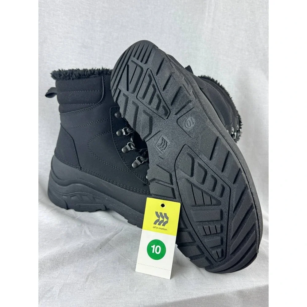 All in Motion‎ Mens Black Winter Boots Faux Fur Trim Lace Up Size 10 NEW